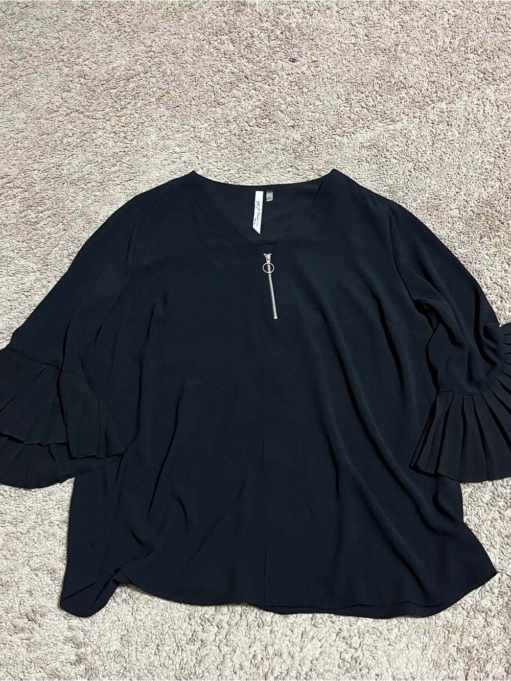 NY Collection Women’s Blouse 2X Plus Black Solid V-Neck 3/4 Sleeve 1/2 Zip